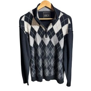 BKE Buckle 1/4 Zip Sweater Jacket Mens XL Gray‎ Blue Argyle Pattern